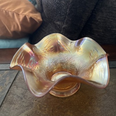 Vintage Marigold Carnival Glass Ruffled Bowl Iridescent Leaf Berry Pattern