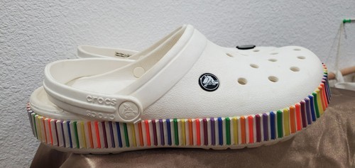 Crocs White Rainbow Crocband Block Clog Unisex Größe W-9 M-7 EUC