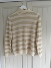 91% Cashmere Turtle Neck Stripy Jumper Ladies Cream And Gold UK 14