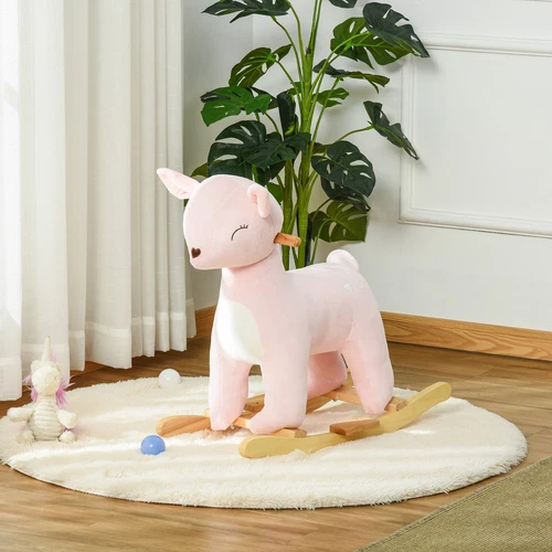 HOMCOM Cavallo a Dondolo per Bambini 3-6 Anni Cervo in Peluche Rosa 68x35.5x64cm - Foto 3 di 10