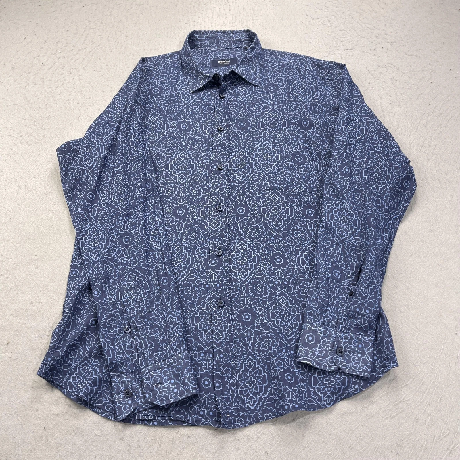 ZegnaSport Shirt Mens XL Blue Floral Lightweight Long Sleeve 100% Cotton Summer