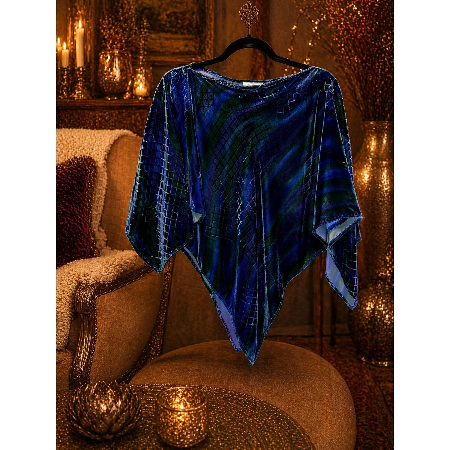 Lisa Archer Silk Velvet Triangle Poncho Pull Over Blue Burnout Velour OS Chic