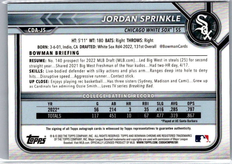 2022 Bowman Chrome 1st RC Auto Jordan Sprinkle Chicago White Sox #CDA-JS NM+ MLB - Image 2 of 2