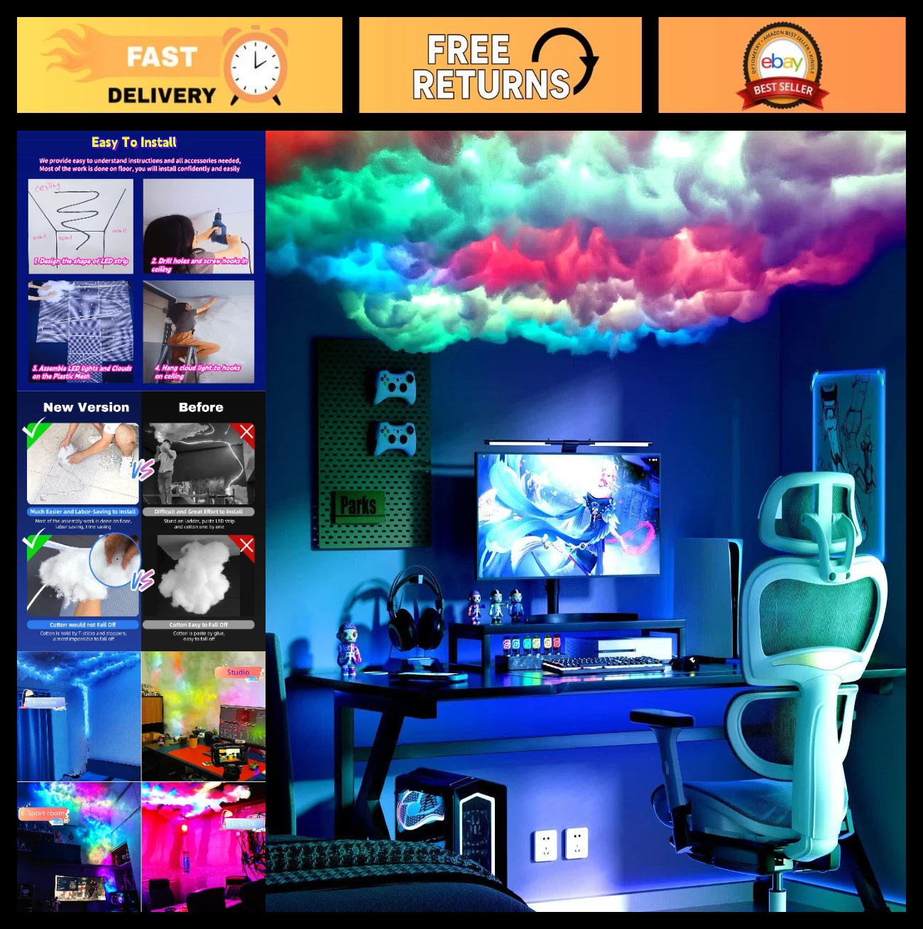 3D Thundercloud LED Light Strip - Multicolor Music Sync Lamp for Bedroom, Gaming