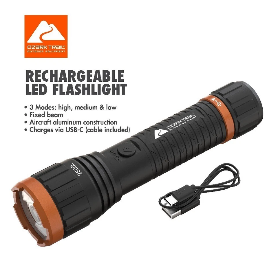 Ozark Trail 2500 Lumen Rechargeable Flashlight with USB Charging,Water-Resistant