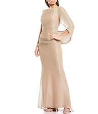 Betsy  Adam 23449 Drape Back Cape Sleeve Metallic Gown Sz 14 Blush Gold 258
