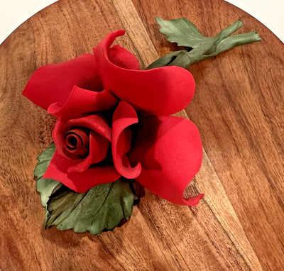 VTG CAPODIMONTE Red Rose on Stem 7  Italy 1960 s 3 Leaves - Capo Monte 1 Stamped
