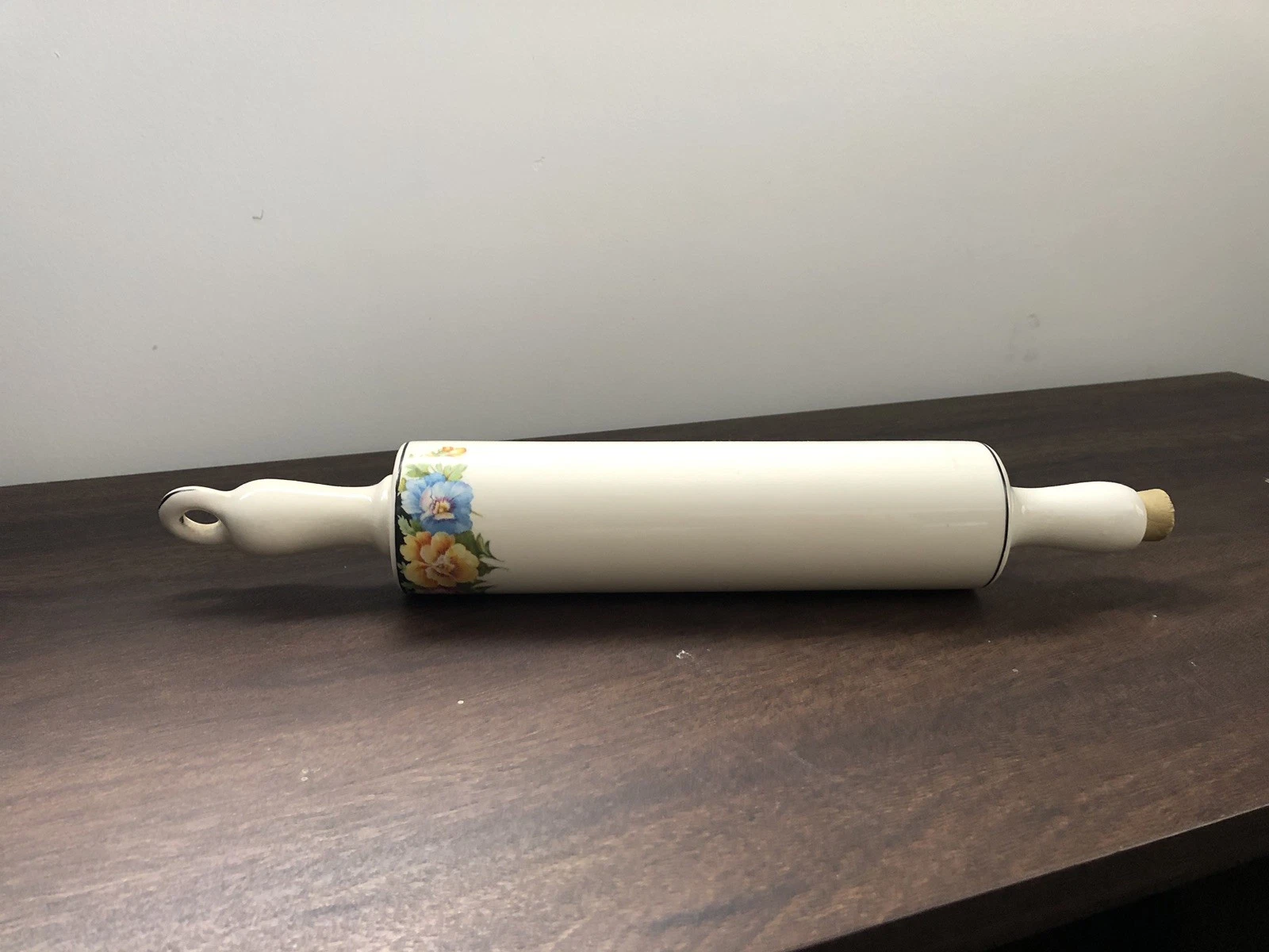 Vintage Ceramic Fillable Rolling Pin White with floral design Cork Present
Opens in a new window or