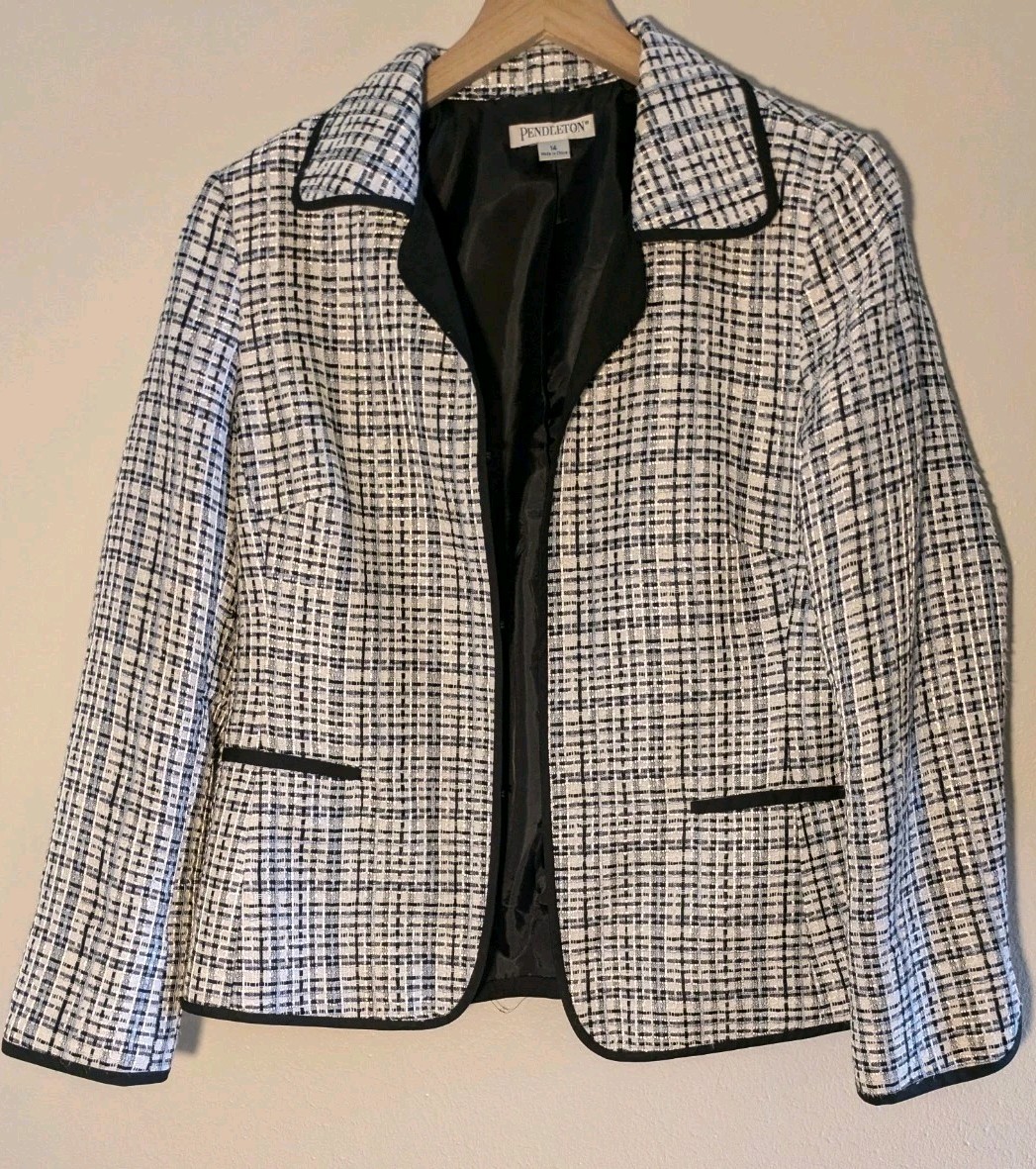 Pendleton Plaid Blazer Jacket Womens 14 Black/Whi… - image 1
