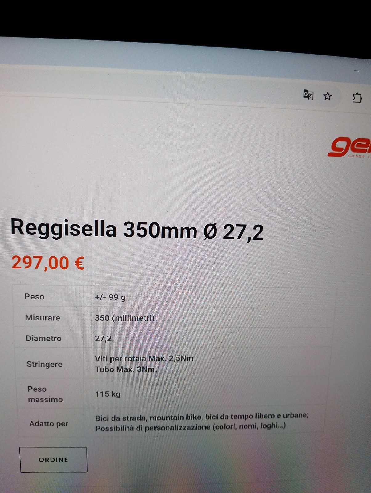 Tubo reggisella bici da corsa ultraleggero carbonio GELU ORIGINALE L350mm D 27,2 foto 4