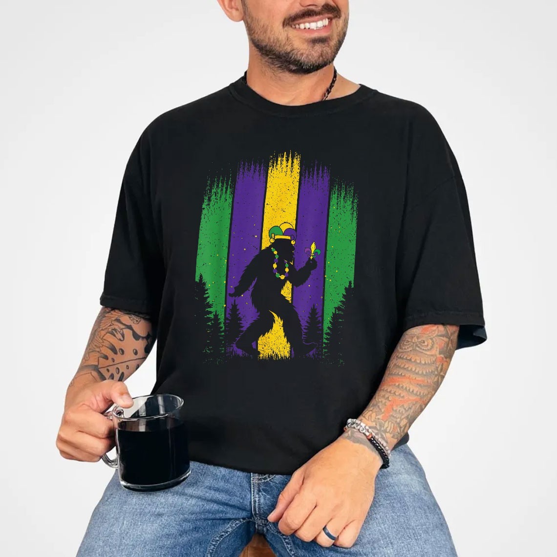 Bigfoot Mardi Gras Carnival T-Shirt Sasquatch Jester Beads Tee