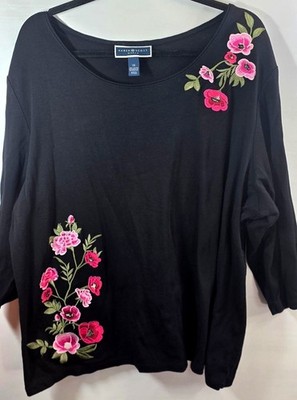Karen Scott Woman Top Black PLus Size 3X XXX Embroidered Pink Floral Cotton
