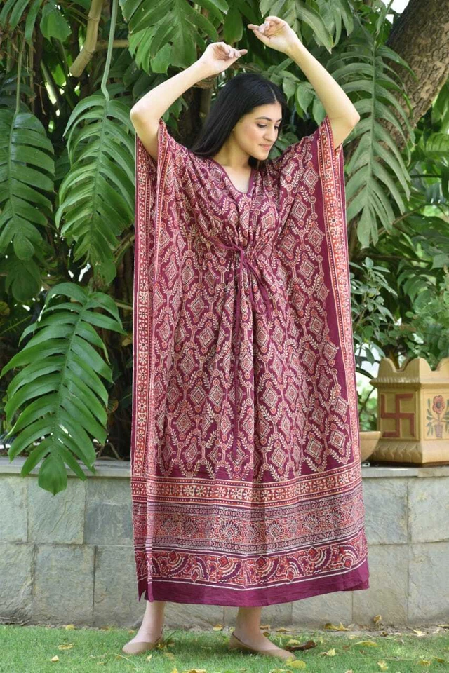 Maxi kimono largo de playa de caftán de algodón puro estampado caftán indio para mujer Foto 2 de 3