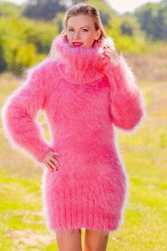 Fuzzy pink mohair dress hand knit fuzzy mohair sweater tunic SuperTanya M-L - Picture 2 of 8