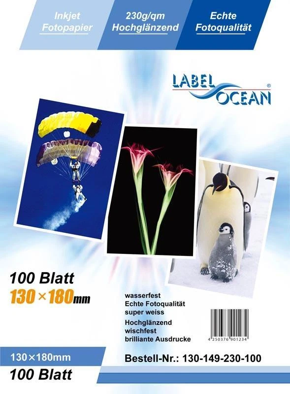100 Blatt 13x18cm 230g/m²Fotopapier Hochglänzend wasserfest von LabelOcean