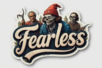 Fearless Sticker - Bold Script with Edgy Skeleton Characters and Vintage Vibe