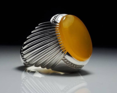 Real Yemeni Yellow Agate 925 Sterling Silver Men Agate Ring, Yellow Aqeeq Ring