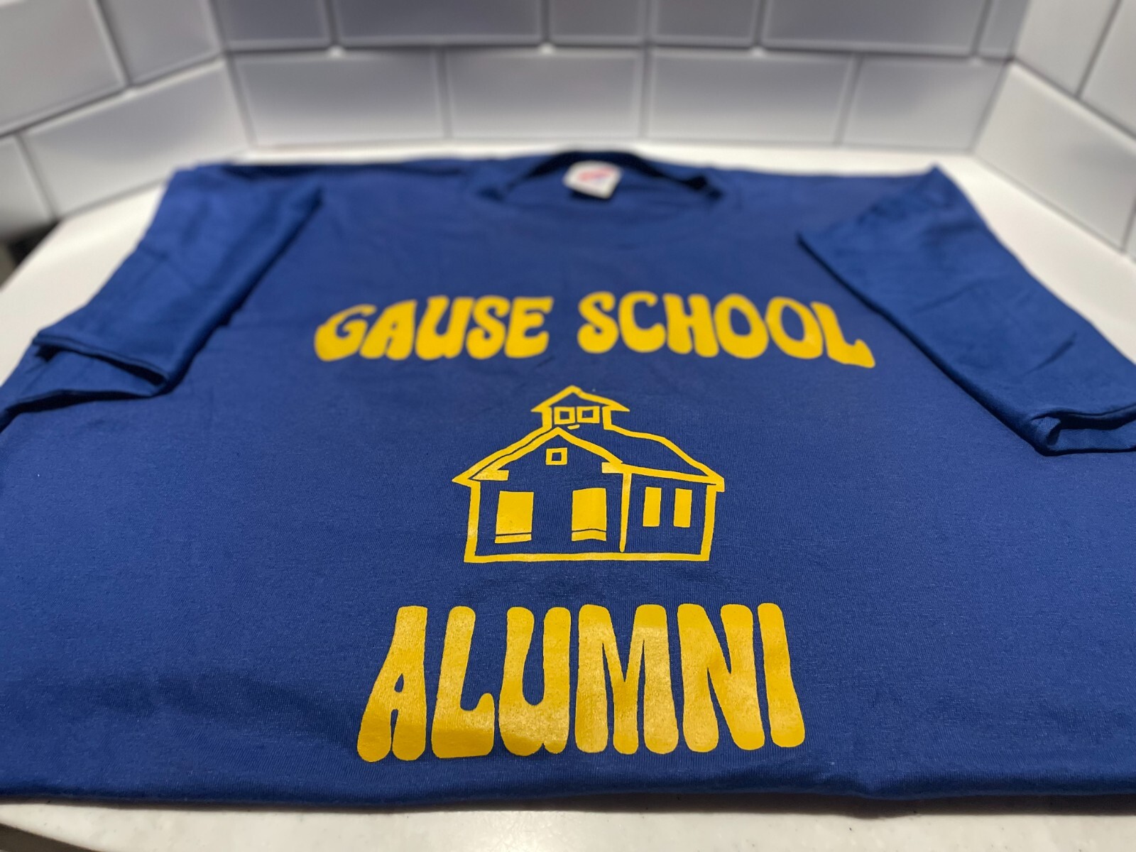 Vintage single stitched sleeve T-shirt, Blue/Gold Gause School Alumni, XXL