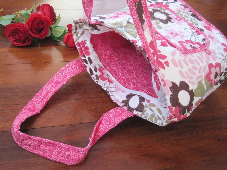 Bolso de Mano Last@Pretty Rojo Marrón Borde de Flores Algodón Acolchado Cremallera Bolsillo F Foto 3 de 4