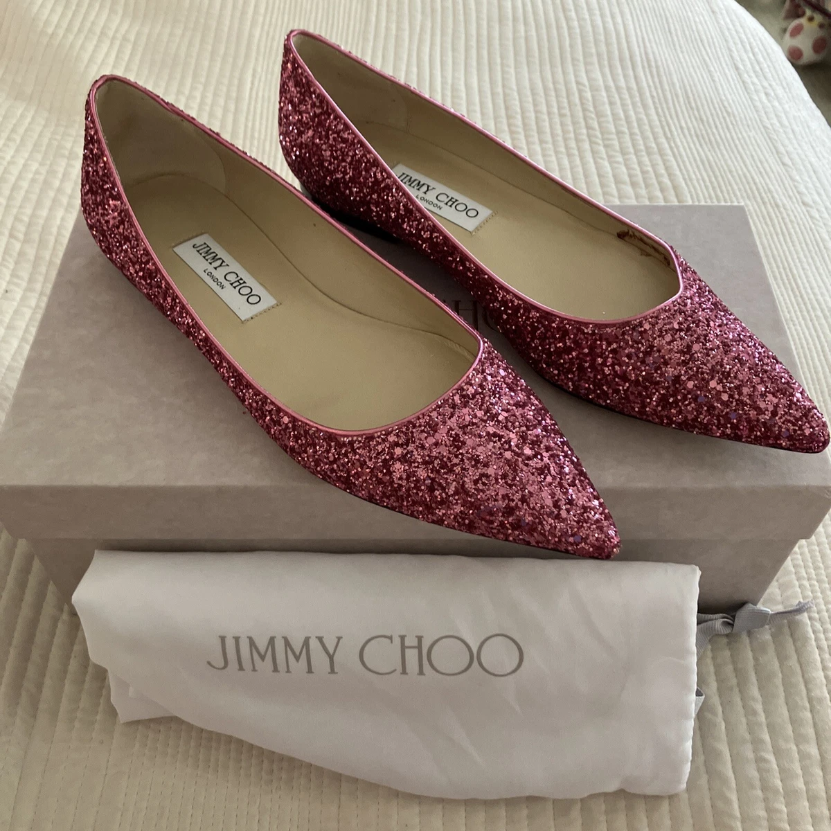 Jimmy Choo Flat Ballets Size 40 Alina Style Pink Glitter New In Box