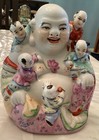 Vintage Chinese Famille Rose Porcelain Laughing Buddha with 5 Children 6”