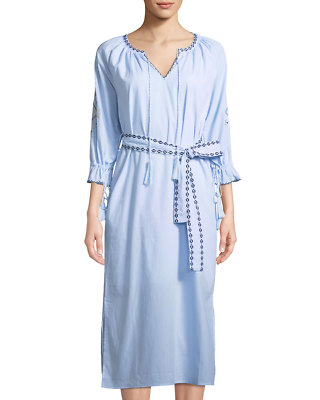NWT Womens Moon River Tie Front Embroidered Dress $96 light blue striped  pencil | eBay