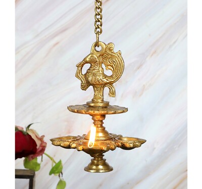 Handmade Peacock Design 4 Oil Wick Brass Hanging Diya for Home Decor