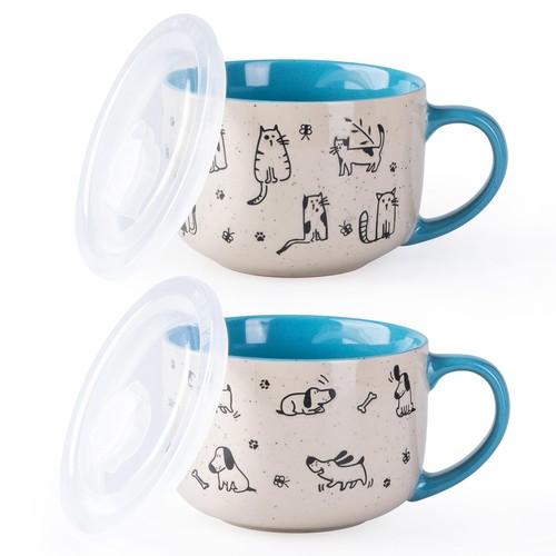 24 Ounces Ceramic Soup Mugs with Lids and Handle Stoneware Bowls Cup Set of 2...