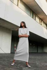 New Zara Light Grey Cotton Blend Soft Opaque Interlock Washed Dress 4174/670 - M