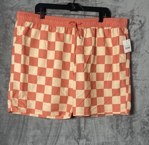 🆕 Mad Engine Swim Shorts Mens Coral  Checked Mesh Liner Elastic Waist Size XL - Picture 1 of 8