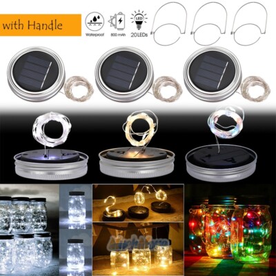 3 Pack Solar Mason Jar Lid Insert 20 LED String Fairy Lights & Hanger ...