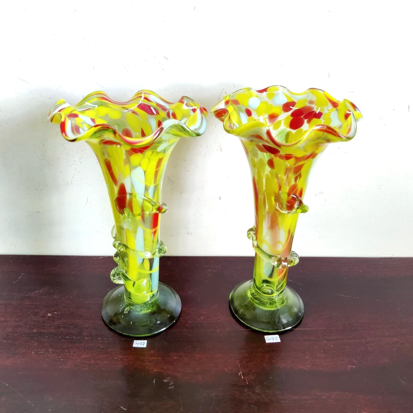 Vintage Handmade Pois Multicolore Vetro Verde Pontil Marchio Vaso Paio GV10