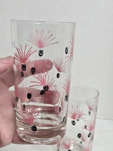 Vintage Milkweed Merry Maker Federal Glass Pink Black Drinking Glasses set of 2