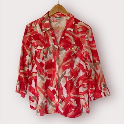 Vintage Linen 3/4 Button Down Shirt Abstract Vibrant JM Collection Large