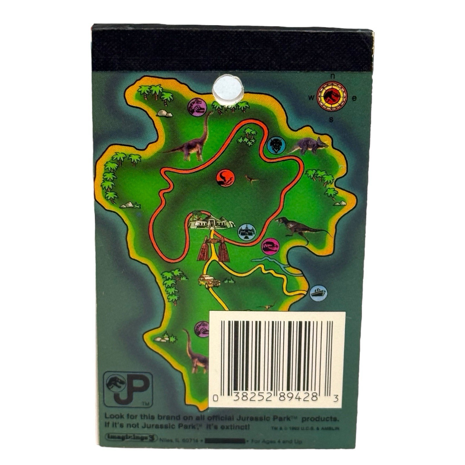 VTG 1992 Jurassic Park 3x5 Notepad Dillophosaurus SUV Scene Map Back Unused Memo