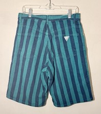 Men  s Vintage 90  s Guess Jeans Green Blue Striped Denim Shorts sz 31
