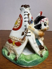 Vintage 1950’s Ceramic Teepee Incense Burner Figural Child Native Motif 4”