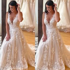 Beach Wedding Dresses V Neck Boho Sweep Train Sleeveless Bridal Gowns Floral