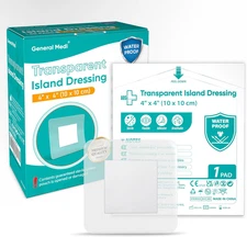 Waterproof Transparent Adhesive Island Dressing (50 Count, 4" X 4"), Wound Care 