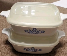 2 Corning Ware Blue Cornflower Petite Baking Pans  P-41-B with Plastic Lids 12oz