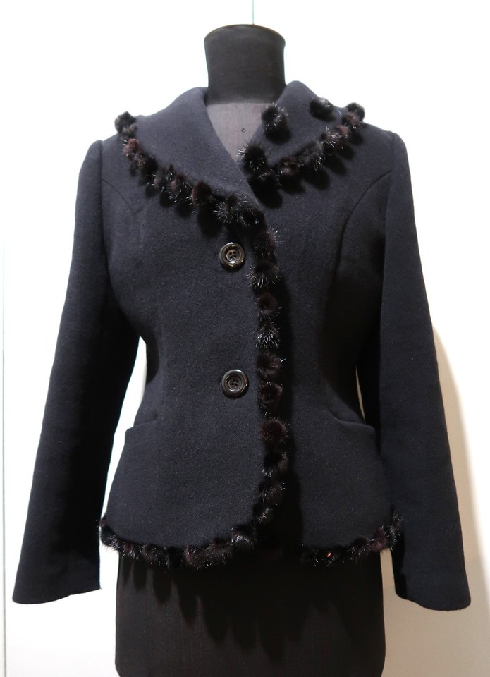 Vintage Size 38 Vivida Fur Pompom Decorated Black Wool Jacket- 47cm Bust