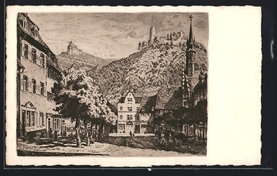 Artist postcard Weinheim, marketplace with horses 
