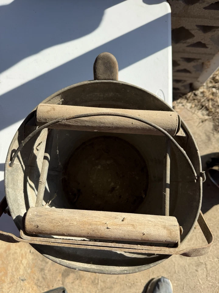 1920's era Antique Wash Bucket Galvanized Metal Mop Wringer Wood Rollers - Image 3 of 4