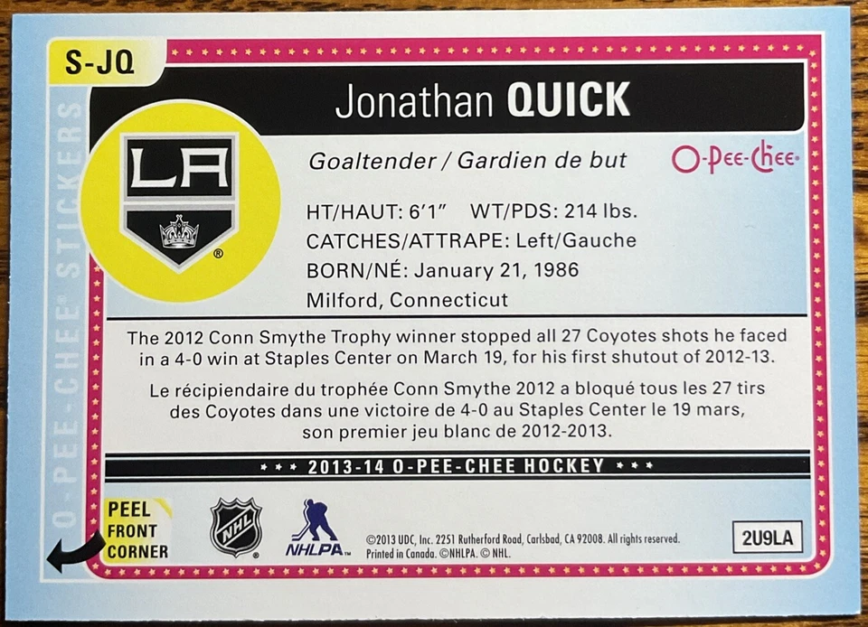 2013-14 O-Pee-Chee Stickers Jonathan Quick #S-JQ Los Angeles Kings - Image 2 of 2