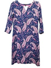 Talbots Cotton Paisley Split Neck 3/4 Sleeve T-Shirt Dress Size XS