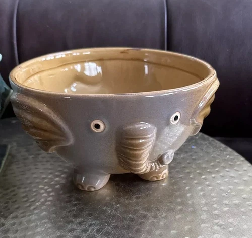 Whimsical Stoneware Glossy Gray Brown Elephant Trunk Up Planter Bowl Pacifica
