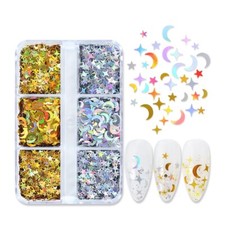 6 Grids Nail Art Sequins Glitter Star Moon Flakes Decoration Set for Nail Tips