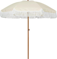 7Ft Light Beige Patio Umbrella with Fringe, UPF50 , Steel Pole Tilt