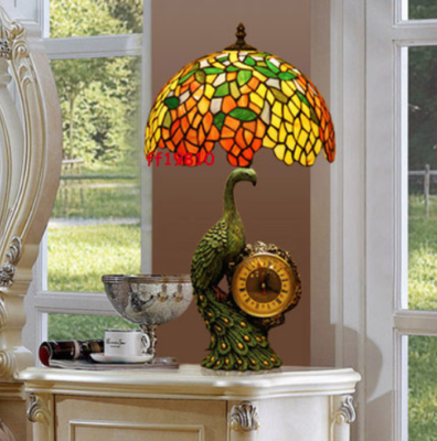 Baroque Stained Glass Table Lamp Wisteria Peacock European Vintage Desk  Light