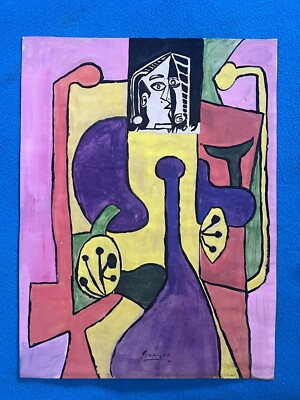 PICASSO drawing on old paper signed stamped vintage